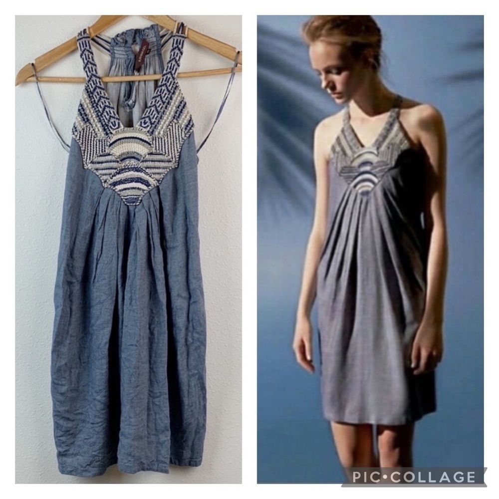 Anthro Ranna GiLL racer back Wiltern chambray embroidered bib front shift dress